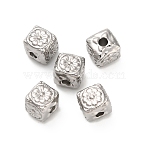 304 Stainless Steel Beads, Cube with Flower, Stainless Steel Color, 5.8x5.8x6mm, Hole: 1.6mm(X-STAS-D204-16P)
