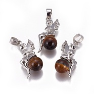 Natural Tiger Eye Pendants, with Platinum Tone Brass Findings, Fairy, 25~26x12~13x8mm, Hole: 3.5x5.5mm(G-L512-E11)