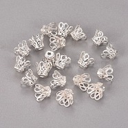 Plated Iron Bell Filigree Bead Caps, Flower, 4-Petal, Silver, 9x6mm, Hole: 1.5mm(IFIN-S696-46S)