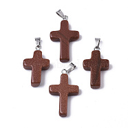 Synthetic Goldstone Pendants, Dyed, with Brass Pinch Bails, Platinum Plated, Cross, 26~30.5x15.5~19.5x4~6mm, Hole: 3x6mm(G-J354-02A)