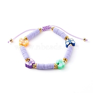 Adjustable Nylon Thread Braided Beads Bracelets, with Polymer Clay Heishi & Butterfly Beads and Brass Beads, Golden, Colorful, Inner Diameter: 2~3-1/8 inch (5~8cm)(BJEW-JB06132)