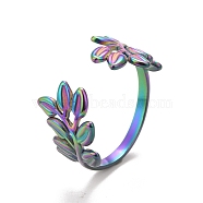 Ion Plating(IP) Rainbow Color 304 Stainless Steel Leaf Open Cuff Ring for Women, US Size 6 1/2(16.9mm)(RJEW-C025-09M)