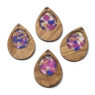 Wood & Resin Pendant, with Gold Foil, Teardrop Charms, Pale Violet Red, 38x25.5x3mm, Hole: 2mm(WOOD-H104-23-03)