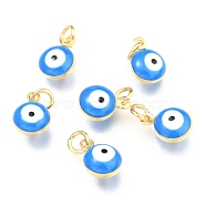 Brass Enamel Beads, Real 18K Gold Plated,Long-Lasting Plated, with Jump Ring, Flat Round with Evil Eye, Dark Blue, 9.5x6.5x4.5mm, Hole: 2.5mm(X-KK-B024-02G-A)