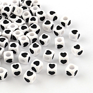 Opaque Acrylic European Beads, Large Hole Cube Beads, with Heart Pattern, Black, 7x7x7mm, Hole: 4mm, about 190pcs/50g(X-OPDL-S078-01)