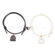 2Pcs 2 Color Alloy Enamel Ghost Charm Bracelets Set, Magnetic Heart Couple Bracelets with Waxed Polyester, Black and White, Inner Diameter: 2-1/4 inch(5.6cm), 1Pc/color(BJEW-TA00307)