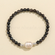 Natural Larvikite & Freshwater Pearl Bead Stretch Bracelets for Women, 7-1/8 inch(18cm)(EC3110-6)