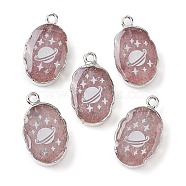 Natural Strawberry Quartz Oval Pendants, Platinum Plated Brass Oval Charms with Planet, 22~22.5x13~13.5x4.5mm, Hole: 1.6~1.8mm(G-C102-07P-04)