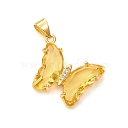 Glass Pendants, with Brass Clear Micro Pave Cubic Zirconia, Butterfly, Golden, Gold, 24x21x4mm, Hole: 5.5x3.5mm(GLAA-G075-01G-09)