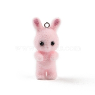 Flocking Resin Cute Bunny Pendants, Rabbit Charms with Platinum Plated Iron Loops, Pink, 40x18x15mm, Hole: 2mm(X-MACR-P043-J02)