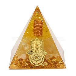 Orgonite Pyramid Resin Energy Generators, Reiki Citrine Chips Inside for Home Office Desk Decoration, Hamsa Hand, 50x50x50mm(G-PW0007-081E)