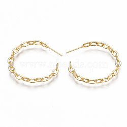 Brass Stud Earrings, Half Hoop Earrings, Nickel Free, Real 18K Gold Plated, 34x34x3.5mm, Pin: 0.7mm(X-KK-S350-063G)