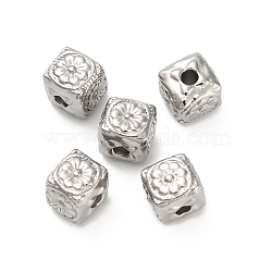 304 Stainless Steel Beads, Cube with Flower, Stainless Steel Color, 5.8x5.8x6mm, Hole: 1.6mm(X-STAS-D204-16P)