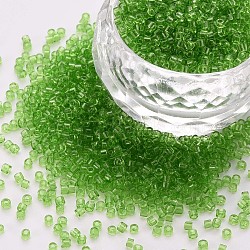 Transparent Glass Cylinder Beads, Seed Beads, Round Hole, Green, 1.5~2x1~2mm, Hole: 0.8mm, about 8000pcs/bag, about 1pound/bag(SEED-S047-I-003)