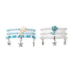 Ocean Theme Synthetic Turquoise & Natural Howlite Anklets Set, with Glass Beads and Tibetan Style Zinc Alloy Charms, Mixed Color, Inner Diameter: 2-3/8~3-7/8 inch(6.1~9.9cm), 3pcs/set, 2colors/bag(AJEW-AN00505)