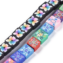Handmade Flower Printed Polymer Clay Beads Strands, Square, Mixed Color, 7.3~9.3x7.5~9x4.2mm, Hole: 1.2mm, about 39pcs/Strand, 12.99~14.96 inch (33~38cm)(CLAY-M003-01)