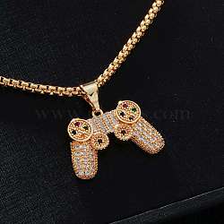 Brass Micro Pave Colorful Cubic Zirconia Cute Mini Game Controller Pendant Necklaces for Men, Golden, 23.62 inch(60cm)(UZ2257-2)