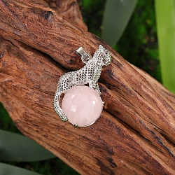 Natural Rose Quartz Flat Round Pendants, Metal Leopard Ball Gems Charms, Platinum, 27mm(PW-WG528BD-02)