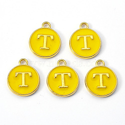 Golden Plated Alloy Enamel Charms, Enamelled Sequins, Flat Round with Letter, Gold, Letter.T, 14x12x2mm, Hole: 1.5mm(X-ENAM-S118-09T)