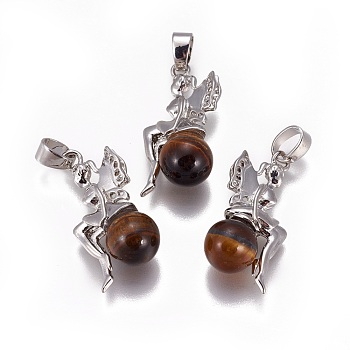 Natural Tiger Eye Pendants, with Platinum Tone Brass Findings, Fairy, 25~26x12~13x8mm, Hole: 3.5x5.5mm