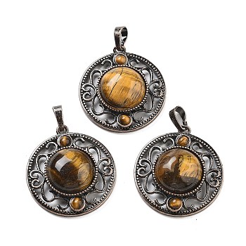 Natural Tiger Eye Pendants, Brass Hollow Flat Round Charms, Cadmium Free & Lead Free, Red Copper, 33.5x30.5x9.5mm, Hole: 8x5mm