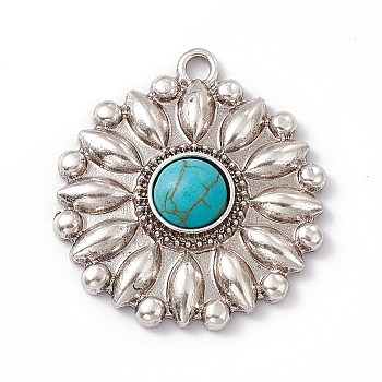 Synthetic Turquoise Half Round Pendants, Flower Charms, with Rack Plating Alloy Findings, Antique Silver, 34x30x6mm, Hole: 3mm