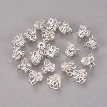 Plated Iron Bell Filigree Bead Caps, Flower, 4-Petal, Silver, 9x6mm, Hole: 1.5mm