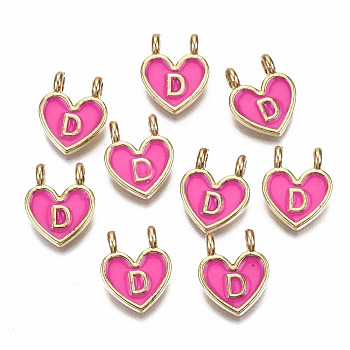 Alloy Enamel Charms, Cadmium Free & Lead Free, Heart with Initial Letters, Light Gold, Deep Pink, Letter.D, 14.5x11.5x4.5mm, Hole: 2mm