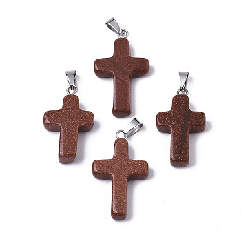Synthetic Goldstone Pendants, Dyed, with Brass Pinch Bails, Platinum Plated, Cross, 26~30.5x15.5~19.5x4~6mm, Hole: 3x6mm