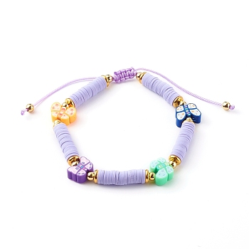 Adjustable Nylon Thread Braided Beads Bracelets, with Polymer Clay Heishi & Butterfly Beads and Brass Beads, Golden, Colorful, Inner Diameter: 2~3-1/8 inch (5~8cm)