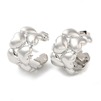 Brass Heart Stud Earrings, Half Hoop Earrings for Women, Platinum, 16.5x11.5mm