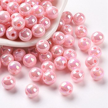 Opaque Acrylic Beads, AB Color Plated, Round, Pearl Pink, 8x7mm, Hole: 2mm, about 1745pcs/500g