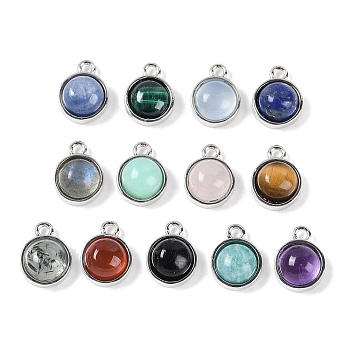 Natural Mixed Stone Pendants, with Platinum Tone Rack Plating Brass, Flat Round, 9.8x7.5x4.3mm, Hole: 1.2mm