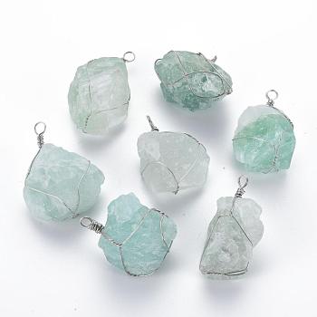 Natural Fluorite Pendants, with Brass Findings, Nuggets, Platinum, 45~50x25~40x14~25mm, Hole: 3~5mm