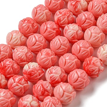 Carved Synthetic Coral Beads, Dyed, Flower, Flamingo, 9.5~10x10.5~11mm, Hole: 1.5mm, about 36~37pcs/strand, 13.94~14.09''(35.4~35.8cm)