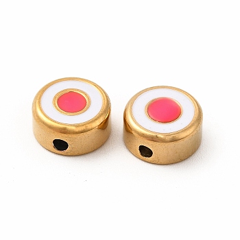 Eco-Friendly 304 Stainless Steel Beads, with Enamel, Flat Round with Evil Eye, Golden, Deep Pink, 8x4mm, Hole: 1.5mm