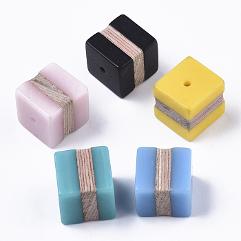 Resin & Wood Beads, Cube, Mixed Color, 15.5x15.5x15.5mm, Hole: 1.8mm