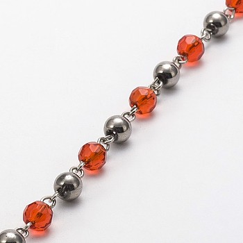 Handmade Round Glass Beads Chains for Necklaces Bracelets Making, with Iron Eye Pin, Unwelded, Orange Red, 39.3 inch, about 42sets/strand