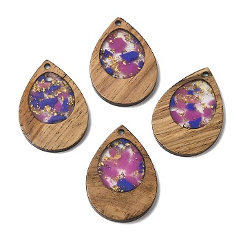 Wood & Resin Pendant, with Gold Foil, Teardrop Charms, Pale Violet Red, 38x25.5x3mm, Hole: 2mm