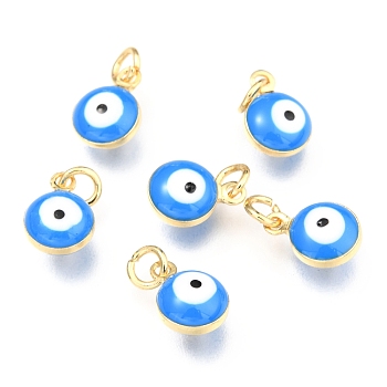 Brass Enamel Beads, Real 18K Gold Plated,Long-Lasting Plated, with Jump Ring, Flat Round with Evil Eye, Dark Blue, 9.5x6.5x4.5mm, Hole: 2.5mm