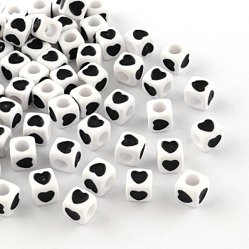 Opaque Acrylic European Beads, Large Hole Cube Beads, with Heart Pattern, Black, 7x7x7mm, Hole: 4mm, about 190pcs/50g