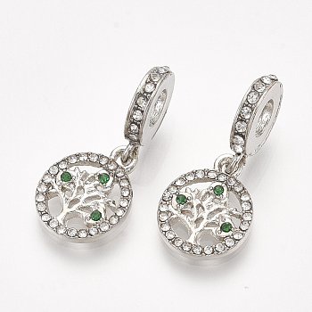 Alloy European Dangle Charms, with Rhinestone, Large Hole Pendants, Flat Round with Tree, Crystal, 26mm, Hole: 4.5mm