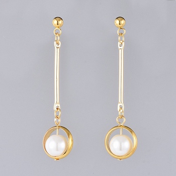 Dangle Stud Earrings, with Glass Pearl Beads, 304 Stainless Steel Stud Earring Findings and Brass Findings, Golden, 50mm, Pin: 0.8mm