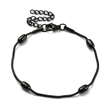 304 Stainless Steel Round Snake Chain Bracelet with Oval Beaded, Electrophoresis Black, 6-5/8 inch(16.8cm)