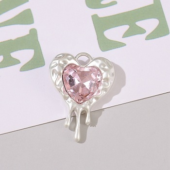 Alloy Rhinestone Charms, Matte Silver Color, Heart, Light Rose, 24x17mm