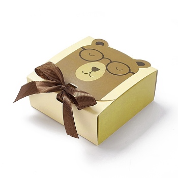 Cartoon Cardboard Paper Gift Box, with Ramdom Color Ribbon, Rectangle, Light Goldenrod Yellow, Bear Pattern, Fold: 12.9x11.5x5.1cm