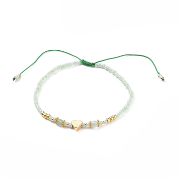 Adjustable Nylon Cord Braided Bead Bracelets, with Glass Seed Beads, Brass Heart Beads, Alloy Spacer Beads and Natural Green Aventurine Beads, Inner Diameter: 2-1/8~3-7/8 inch(5.5~9.8cm)