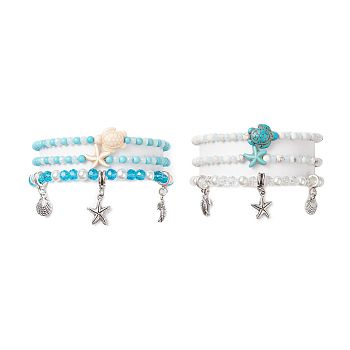 Ocean Theme Synthetic Turquoise & Natural Howlite Anklets Set, with Glass Beads and Tibetan Style Zinc Alloy Charms, Mixed Color, Inner Diameter: 2-3/8~3-7/8 inch(6.1~9.9cm), 3pcs/set, 2colors/bag