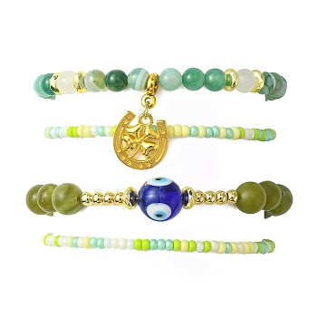 4Pcs 4 Style Natural Mixed Gemstone & Glass Evil Eye Beaded Stretch Bracelets Set, Alloy Clover Charms Stackable Bracelets for Women, Inner Diameter: 2-1/4 inch(5.6cm), 1Pc/style