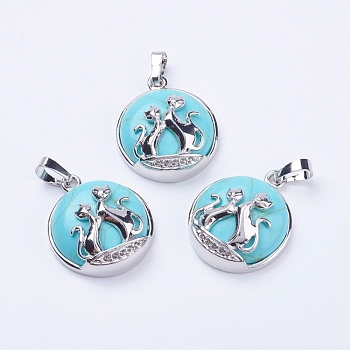 Synthetic Turquoise Pendants, with Brass Findings, Flat Round with Fox, Platinum, 28~29x23~24x9~10mm, Hole: 5x7mm